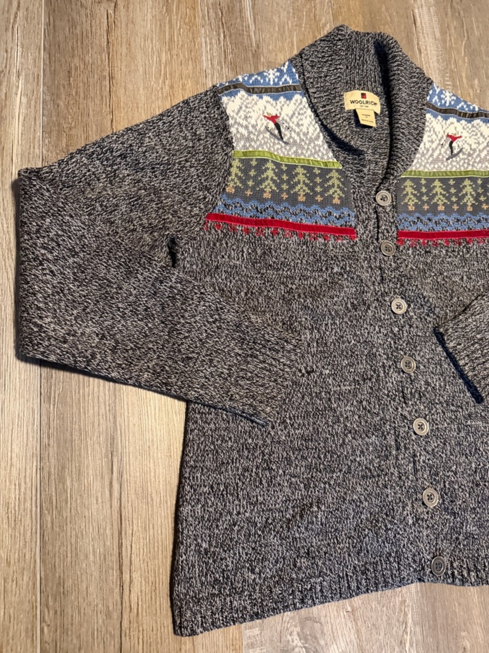 Woolrich Gray Shawl Collar Cardigan with Multicolor Fair Isle Yoke - Picture 3 of 7